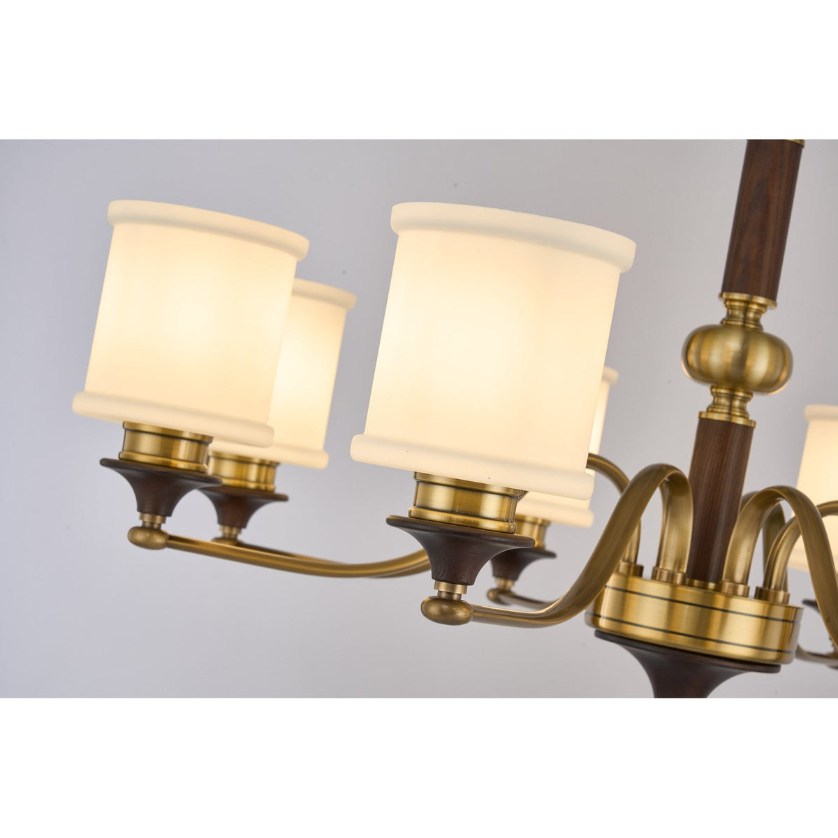 
Alderleigh Opal Glass, Antique Brass and Ash Wood Chandelier