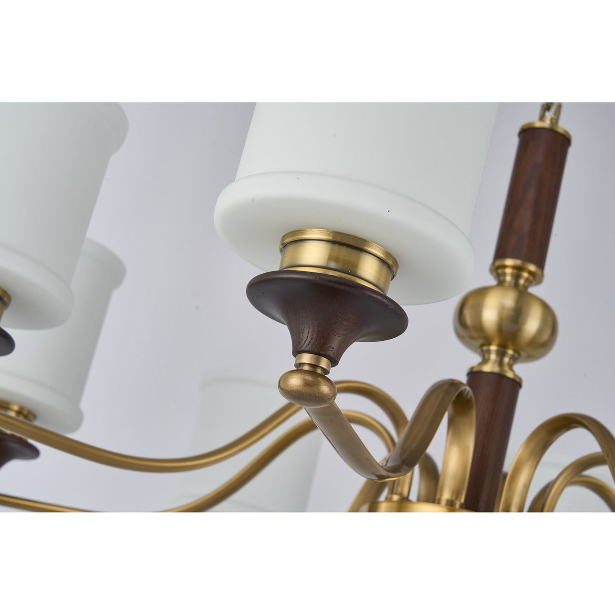 
Alderleigh Opal Glass, Antique Brass and Ash Wood Chandelier