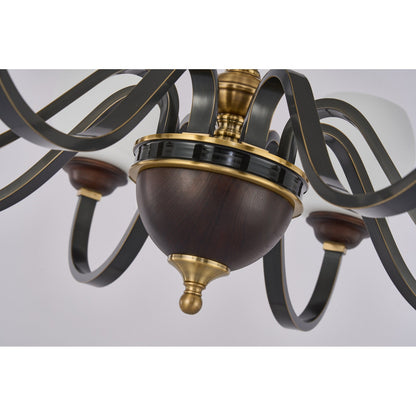 Caldwell Rounded Opal Glass, Antique Brass and Dark Ash Wood Chandelier