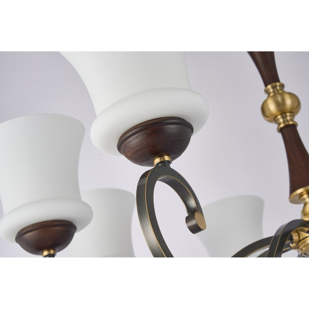 
Langford Flared Opal Glass, Antique Brass and Dark Ash Wood Chandelier
