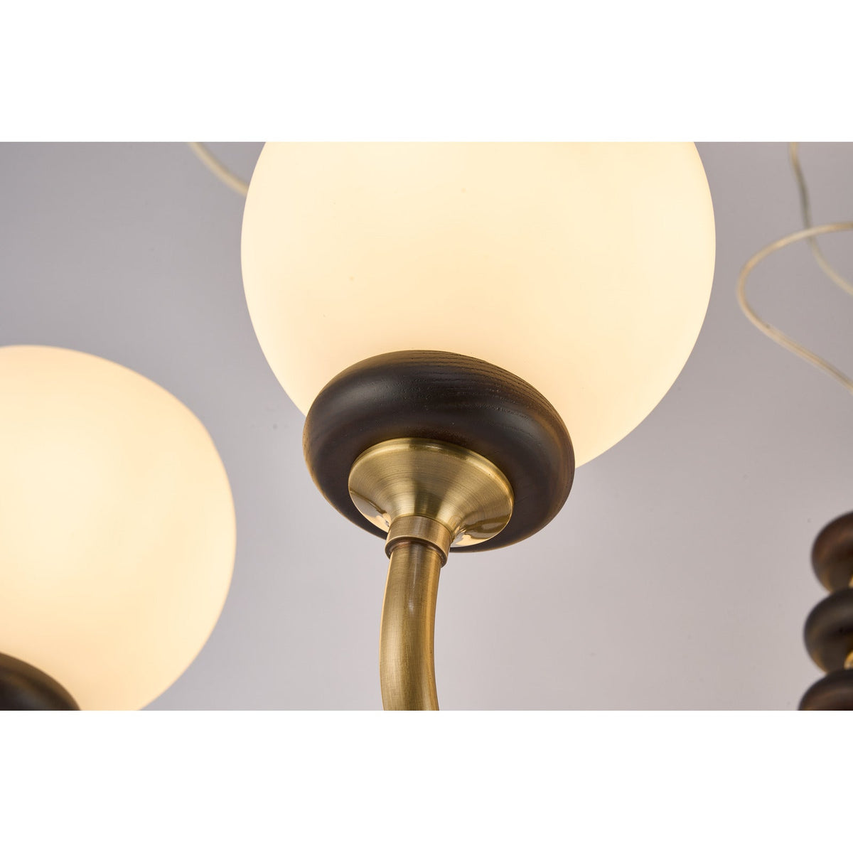 
Ravenelle Opal Glass, Antique Brass and Ash Wood Chandelier