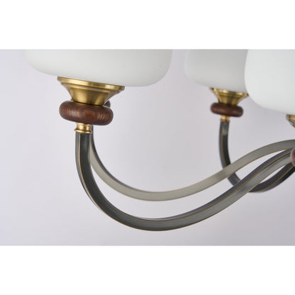 Wetherby Opal Glass, Antique Brass and Dark Ash Wood Chandelier