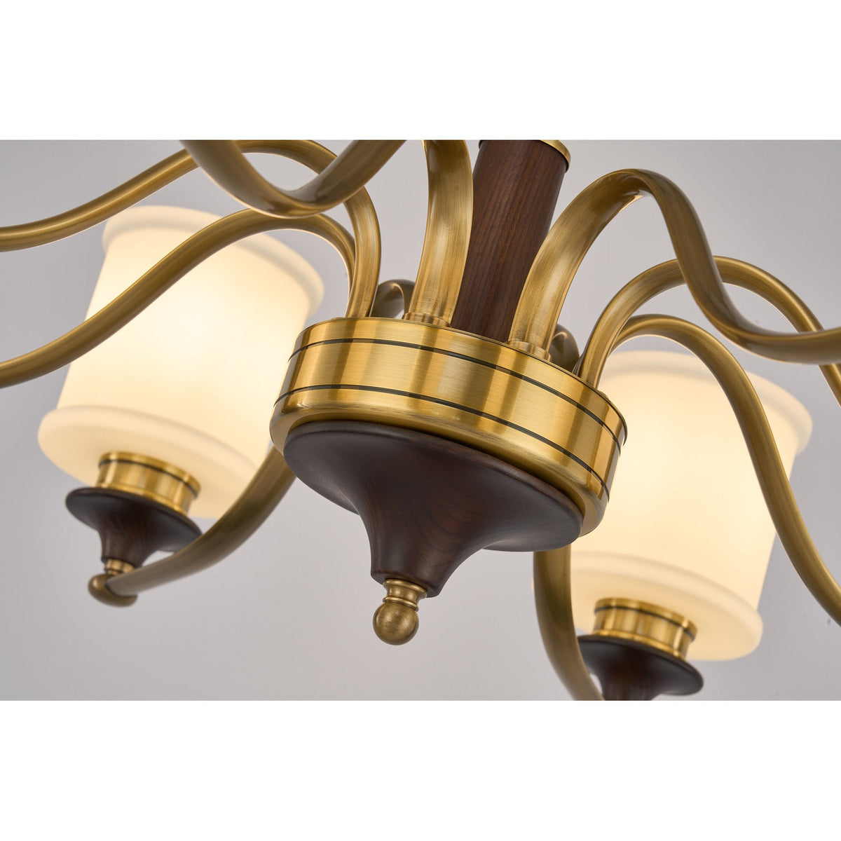 
Alderleigh Opal Glass, Antique Brass and Ash Wood Chandelier