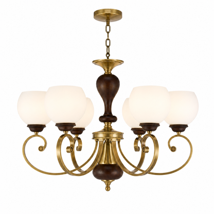 Aurellane Opal Glass, Antique Brass and Ash Wood Chandelier