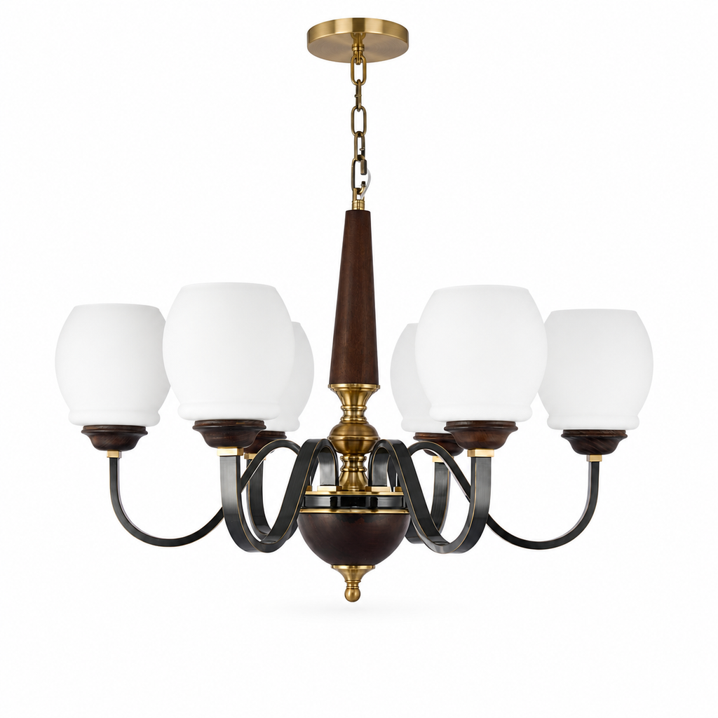 
Caldwell Rounded Opal Glass, Antique Brass and Dark Ash Wood Chandelier