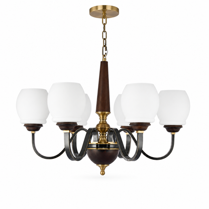 Caldwell Rounded Opal Glass, Antique Brass and Dark Ash Wood Chandelier