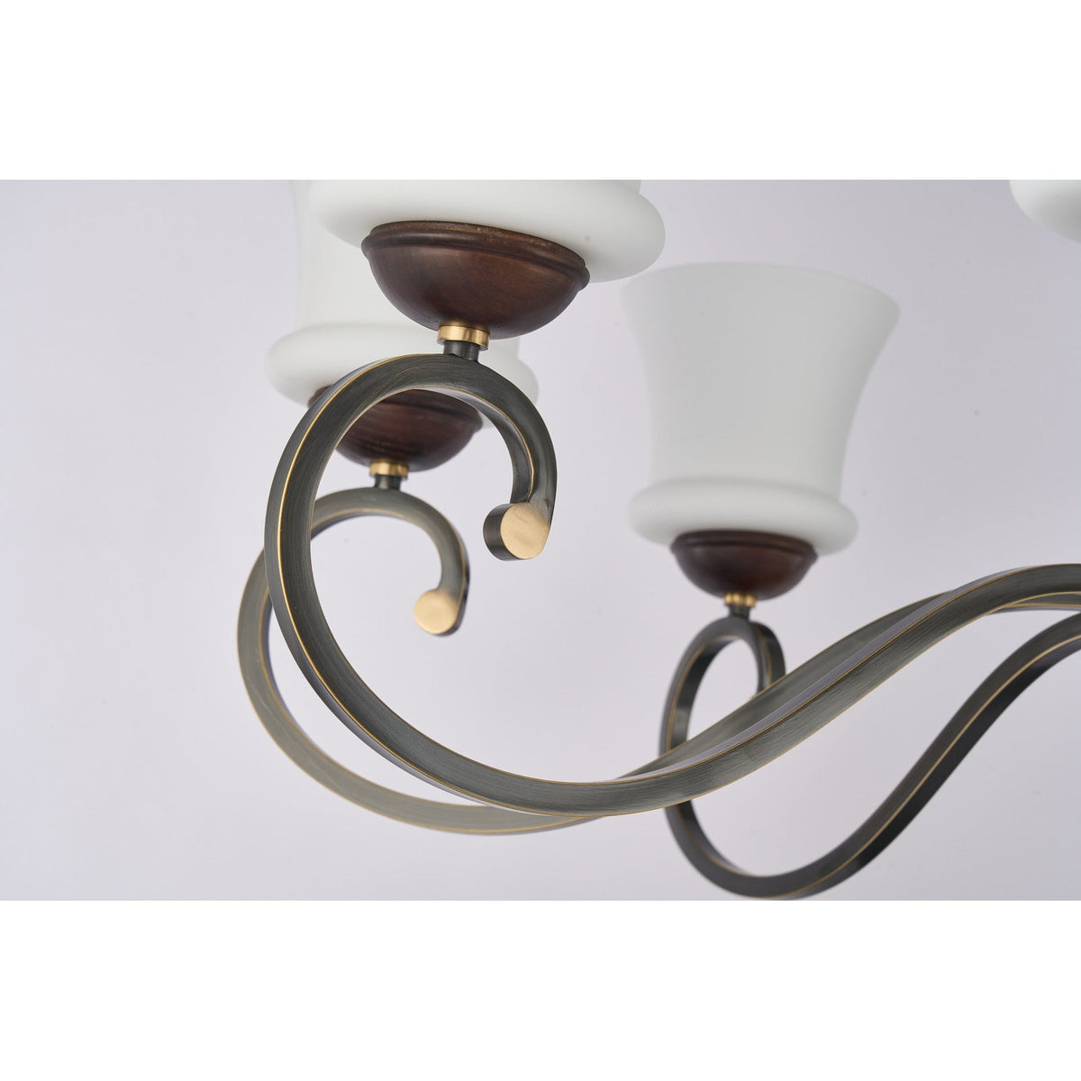 
Langford Flared Opal Glass, Antique Brass and Dark Ash Wood Chandelier