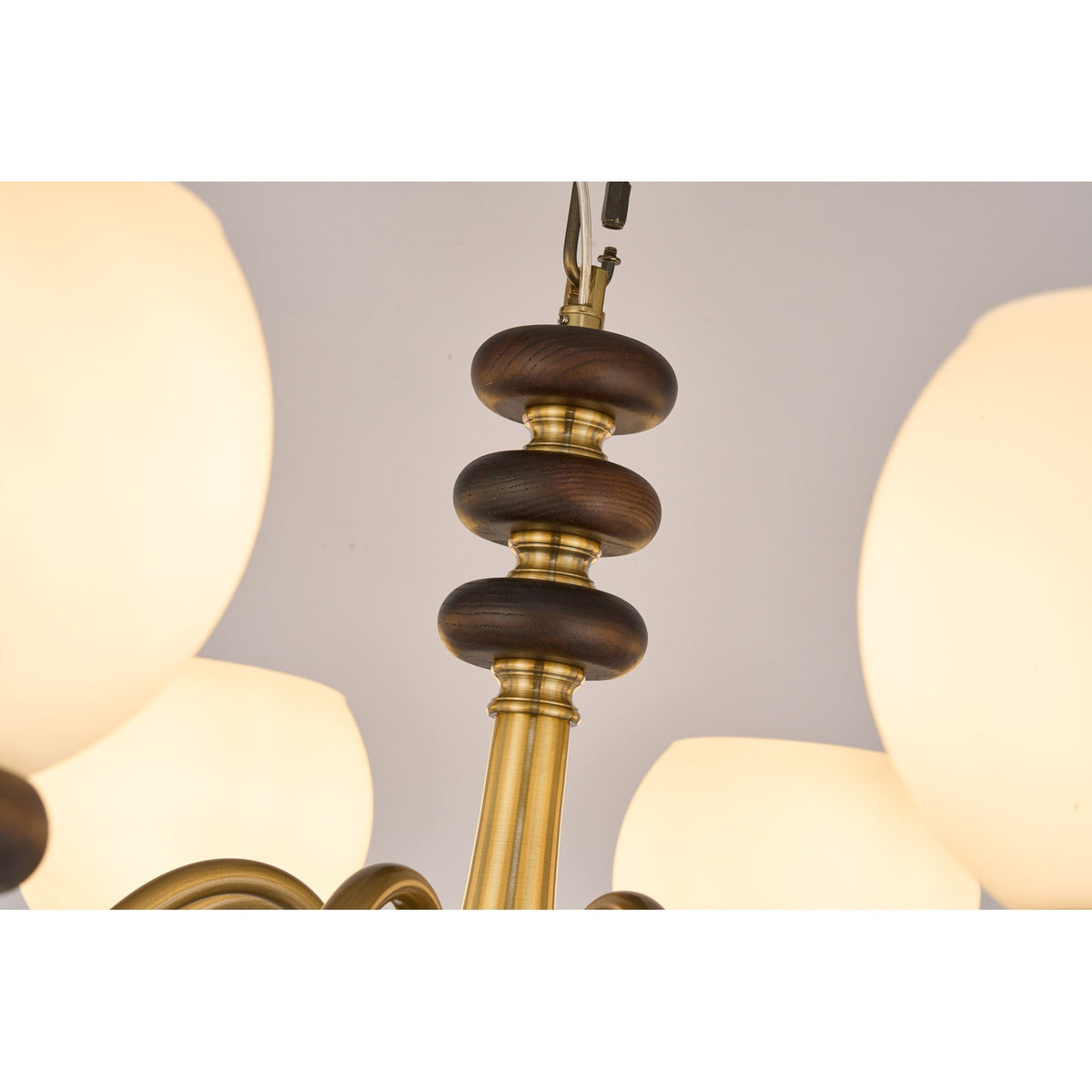 
Ravenelle Opal Glass, Antique Brass and Ash Wood Chandelier