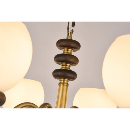 Ravenelle Opal Glass, Antique Brass and Ash Wood Chandelier