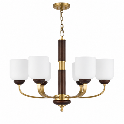 Bellgrave Opal Glass, Antique Brass and Ash Wood Chandelier