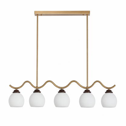 Ondervale Opal Glass, Antique Brass and Ash Wood Linear Chandelier