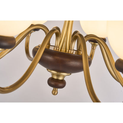 Ravenelle Opal Glass, Antique Brass and Ash Wood Chandelier