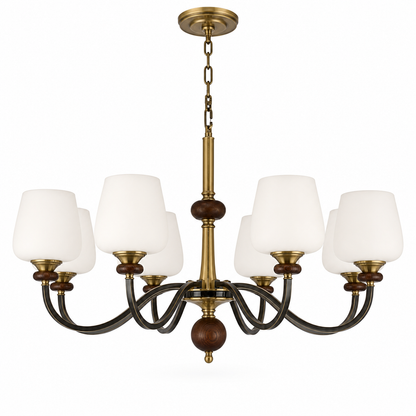 Wetherby Opal Glass, Antique Brass and Dark Ash Wood Chandelier