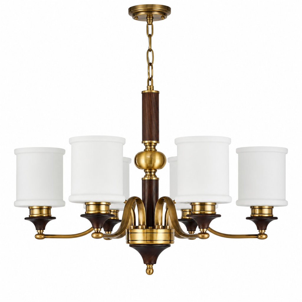 
Alderleigh Opal Glass, Antique Brass and Ash Wood Chandelier