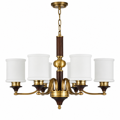 Alderleigh Opal Glass, Antique Brass and Ash Wood Chandelier
