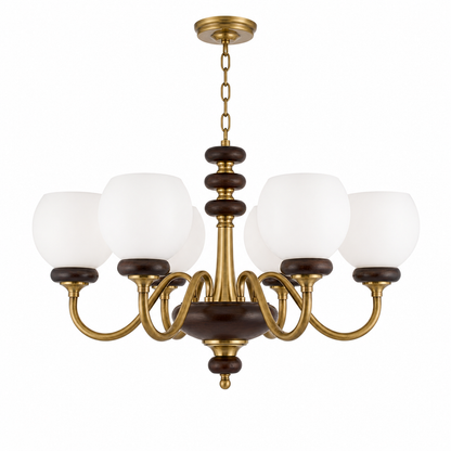 Ravenelle Opal Glass, Antique Brass and Ash Wood Chandelier